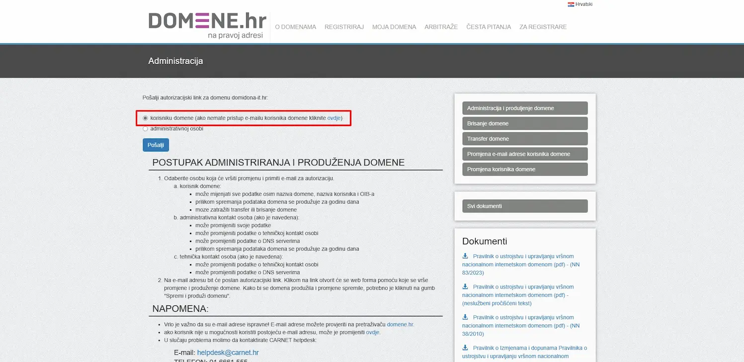 odabir korisnika hr domene